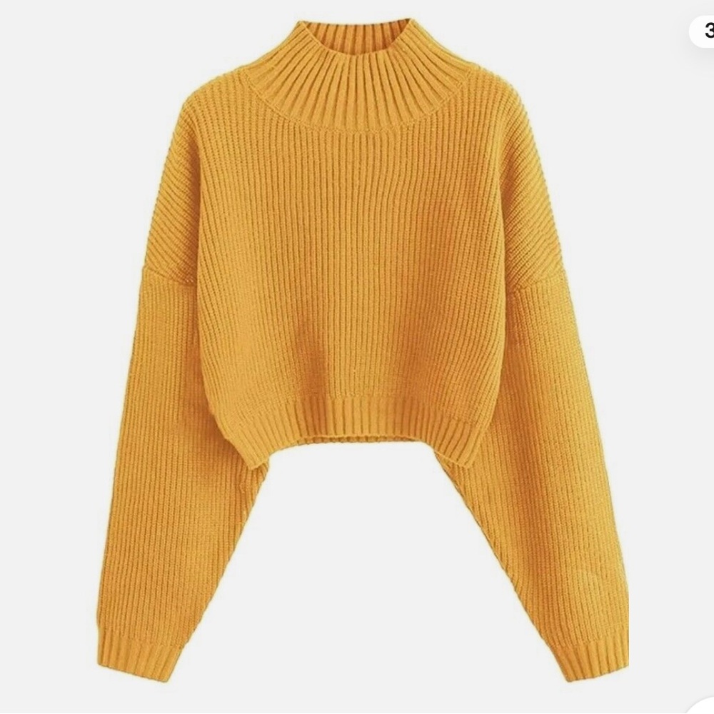 NWT. Size M. Zaful Cropped Turtleneck Lantern Sleeve Yellow Sweater.